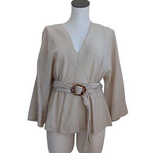 Zara Top V Neck Belted Elastic Waist 3/4 Length Sleeve Womens size Medium NEW